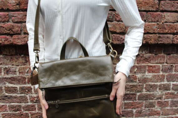 Olive Leather Convertible Backpack, 3-way Rucksack, Multi 