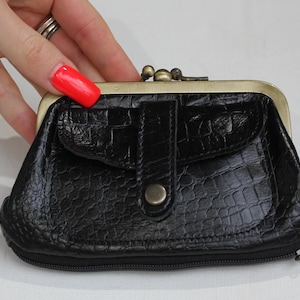 Geldbörse Kroko-Leder, Schwarze Doppel-Clip-Kiss-Lock-Geldbörse, Amy Purse Black Croc Print Leder, Vintage-Stil Retro-Geldbeutel mit Boden-Reißverschluss