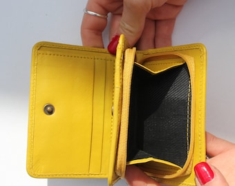 Yellow Leather Mini Wallet: Compact Card & Coin Purse, 'Fran'