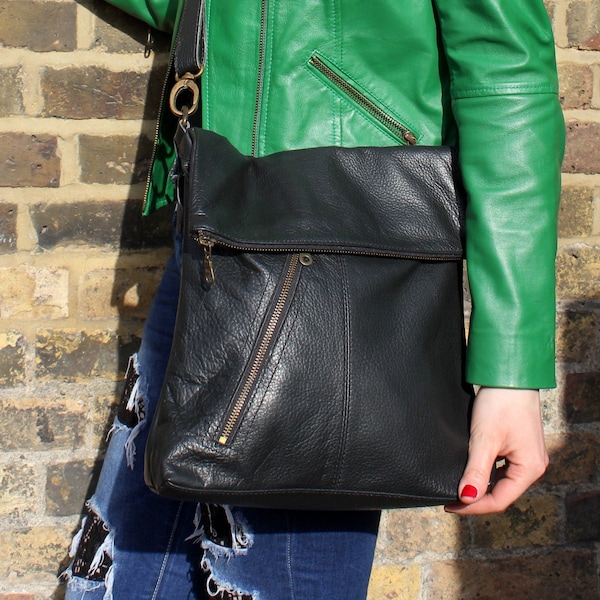Black Leather Messenger Bag: Flapover Crossbody Laptop Bag