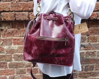 Bucket bag purple, Drawstring handbag with front pocket, Internal pockets, Stiff leather, Hard leather bag, Bucket purse medium, Small purse