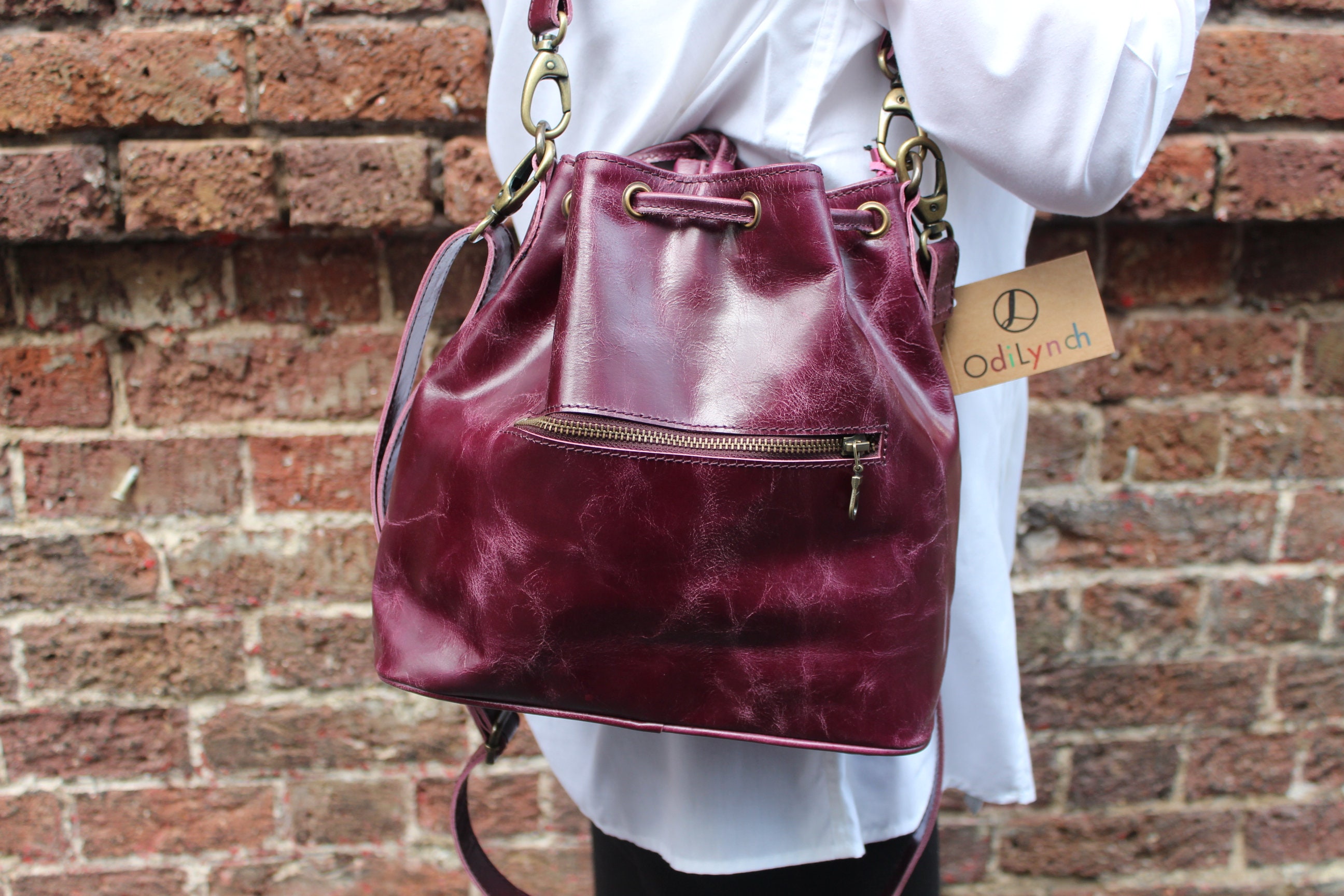 Burgundy Genuine Leather Shoulder Bucket Bags Work Bags with Chain
