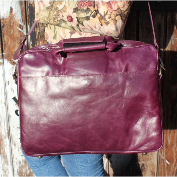Purple Leather Laptop Bag: Multi-Pocket Crossbody Briefcase