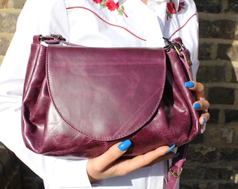 Purple Leather bag cross-body shoulder bag multi compartments, Drawstring, Chantal model, Long strap, Multi pockets, Back pocket, Adjustable