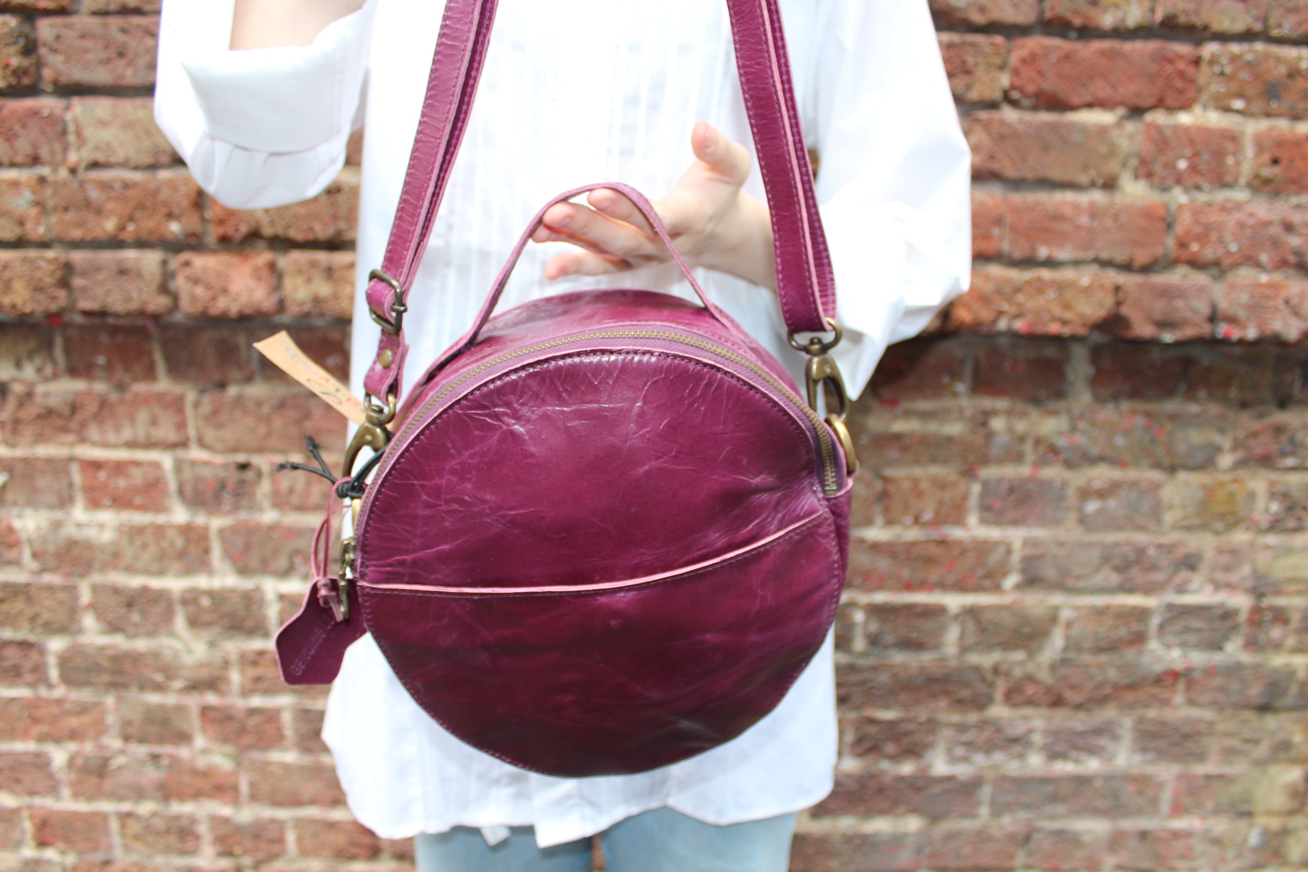 Womens Red Leather Round Handbag with Rivet Crossbody Purse Red Round