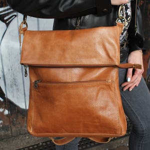 Convertible Backpack Tan Leather, Cross body A4 bag, Perfect for 15 ins laptop, Back pocket, 3 detachable strap, Multi Function way backpack image 2