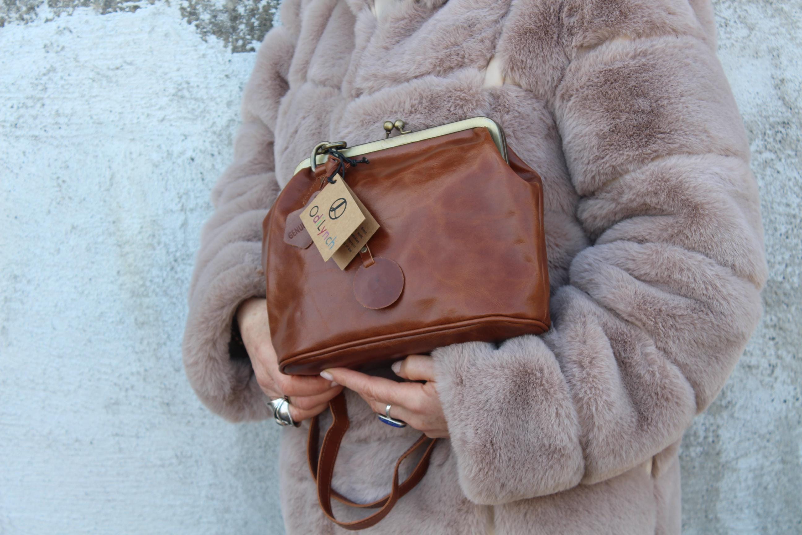 Tan Leather Boston Bag: Kiss Lock Top Clasp, Crossbody Purse Tan Leather Boston Bag: Kiss Lock Top Clasp, Crossbody Purse