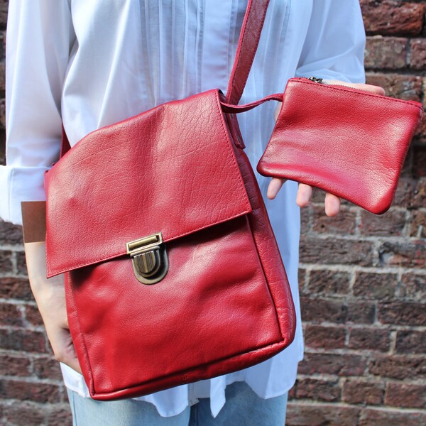 Red Leather Envelope Messenger Bag with Zip Purse