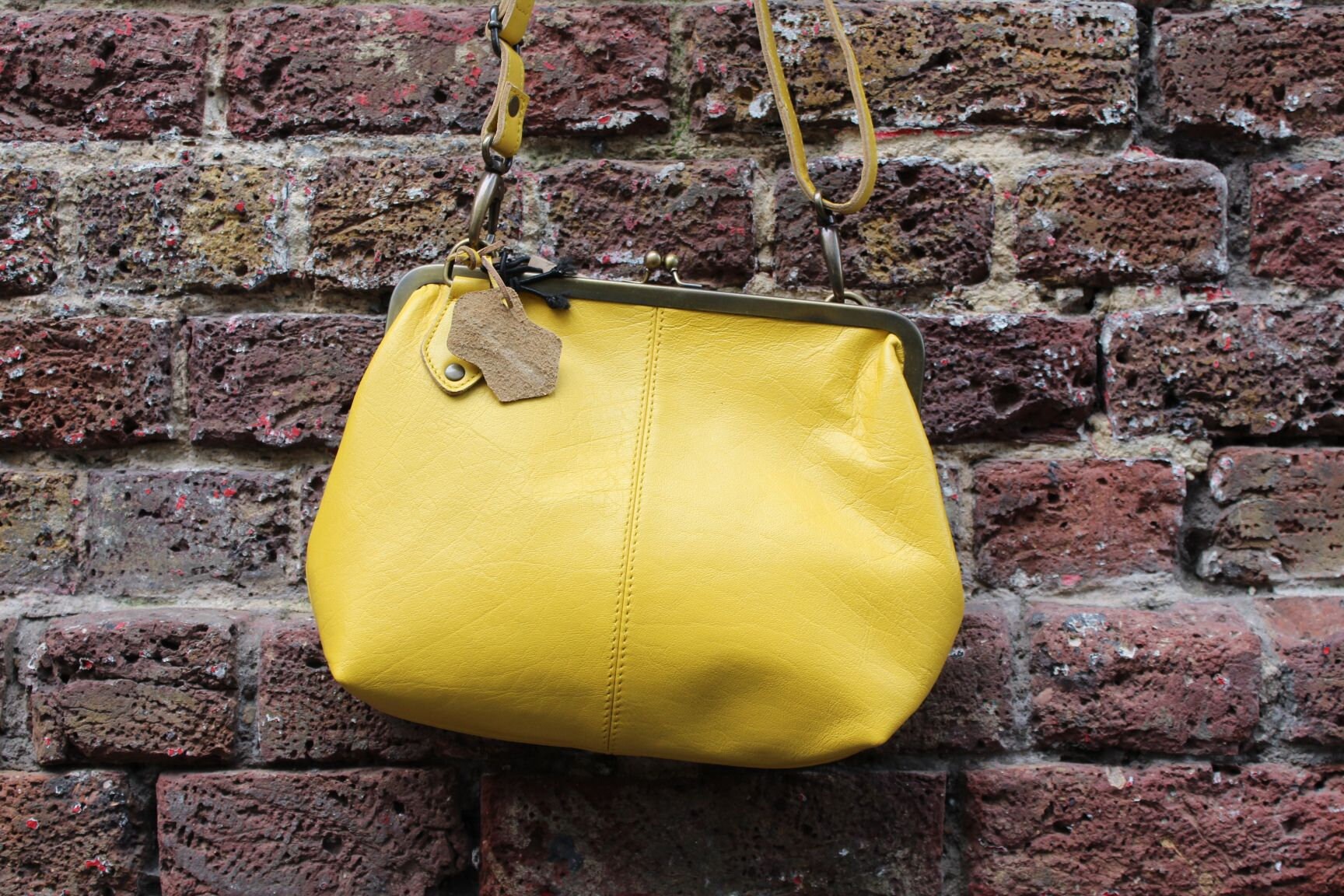 Yellow Leather Kiss Lock Crossbody Bag: Adjustable Strap - Etsy