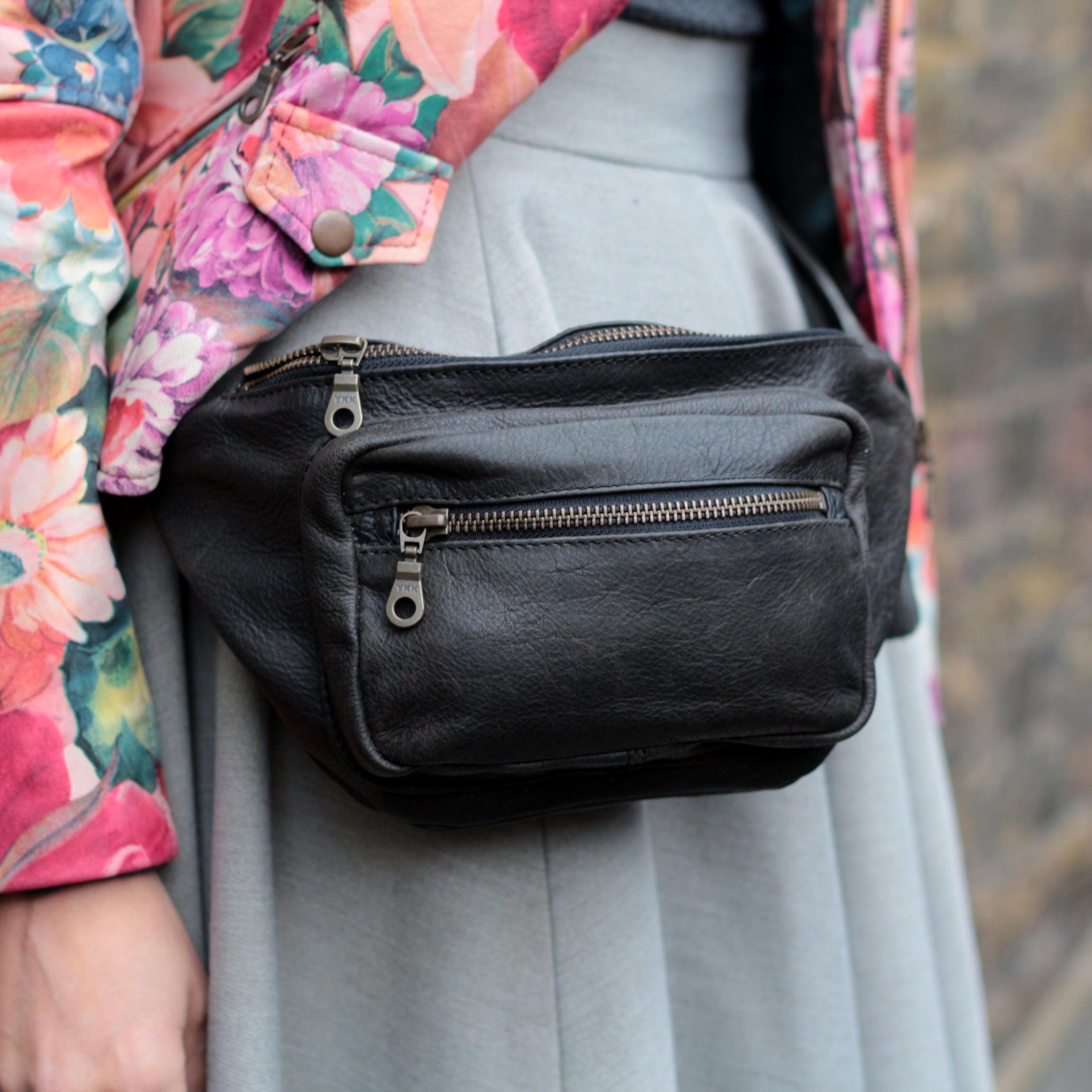 Handmade Black Leather Bum Bag: Double Zip Fanny Pack, Chest Belt Bag