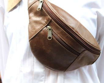 Leather Bum Bag, Fanny pack Brown, Fanny bag 3 pockets, 3 sections, 3 zips, 1 zip at back, Great brass buckle and adjuster, Hip Bag, Patch