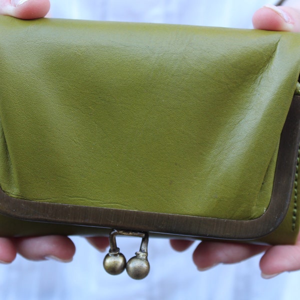 Small Clip Frame Wallet Leather, Evanna, Foldover trifold purse wallet, Apple green, Avocado green wallet, Card holder, Note space, Back zip