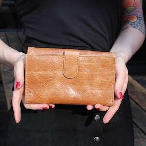 Big Travel Wallet, Bolso Clutch, Tan Leather, Soporte para documentos de viaje, Cuero Bronceado, Monedero de cuero Ex grande, Billete + Monedas, Soporte para pasaporte