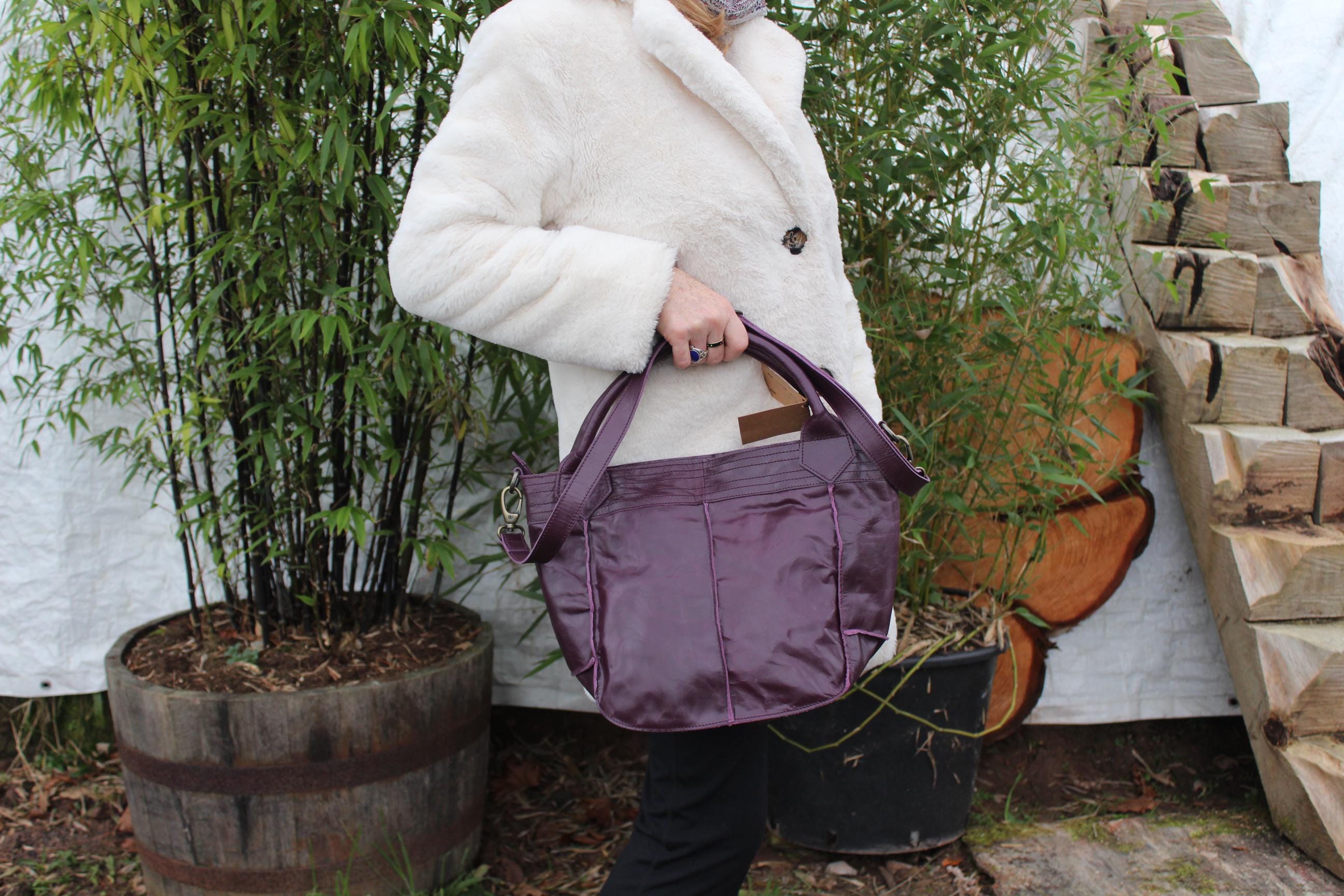Purple leather tote bag,