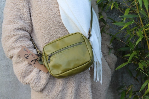 Borsa A Tracolla Donna In Vera Pelle LEcylankEr - Piccola Borsetta Con Zip, Portacarte E Portamonete Inclusi - Colore Kaki (A-kaki) - 26x8x16 Cm