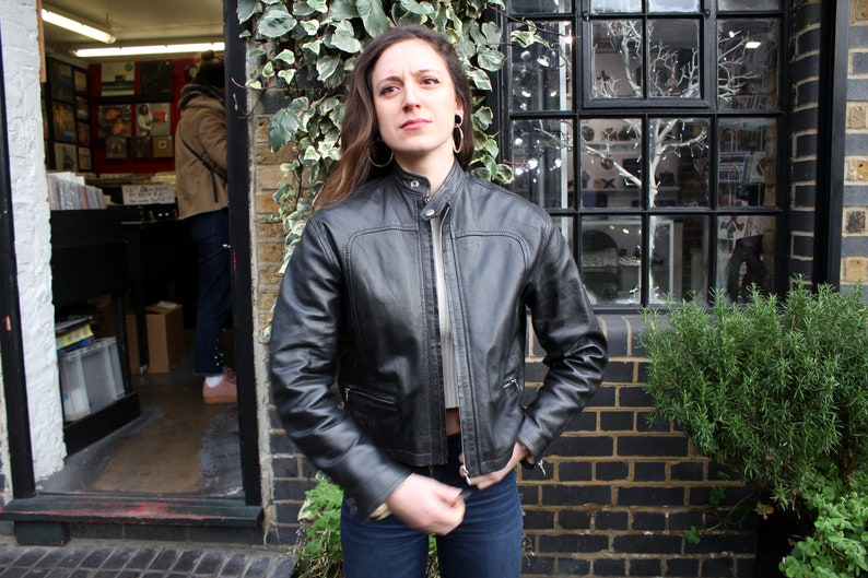 Biker Jacket Vintage Lupins and sunflowers on black leather size 42