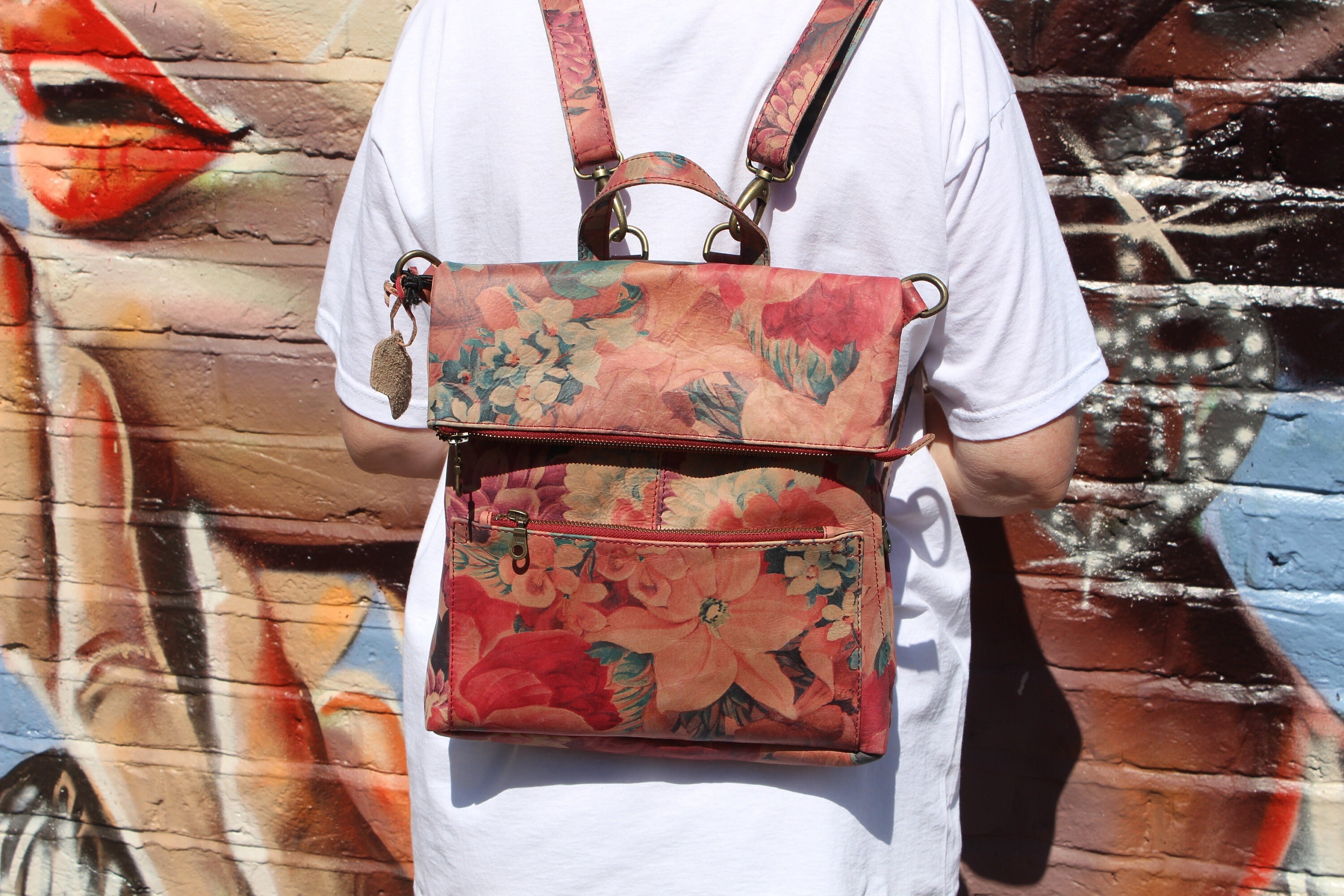 amelie convertible backpack tan scrunchy leather Aimee Kestenberg All For Love Multiple compartmentsincluding two front zip pockets and a back slip pocketkeep your essentials organized and within easy reach Floral Leather Convertible Backpack: French