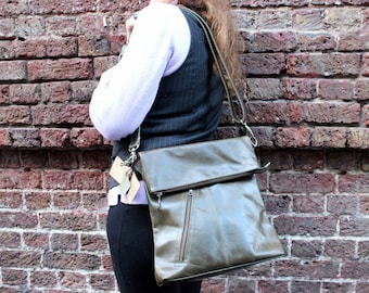Olive Green Leather Messenger Bag: Flapover Crossbody Purse