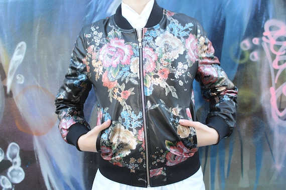 Handmade Floral Leather Bomber Jacket: Japanese Print, Size 12 - Etsy