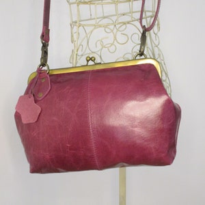 Purple Leather Kisslock Crossbody Bag - Adjustable Strap