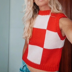 Sleeveless Checkered sweater Vest with Round neck x for women - Sentro 48 pin or Addi King Pattern with video tutorial