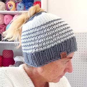 Messy Bun Hat knitting Pattern and video tutorial for Addi King or Sentro 48 circular knitting machine!