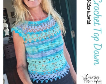 Crochet Top Down Lace PDF pattern with granny square flower - Beach Festival lace crochet top for women tutorial - Easy crochet boho top