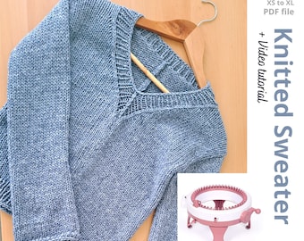 Knitting PDF pattern V-neck Sweater using Sentro knitting machine or Addi Express! Easy knit Women Jumper tutorial