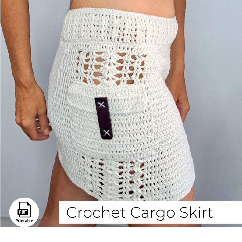 Crochet Cargo Skirt PDF Pattern with Pockets for Women - Easy beginner Boho Low waist Summer handmade organic cotton yarn skirt tutorial