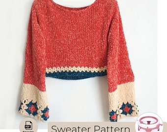 Easy Circular knitting machine Sweater PDF pattern with granny squares for women - Sentro 48 or Addi King Jumper tutorial for beginners!