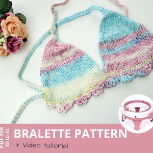 May include: A colorful striped crochet bralette with a crocheted trim. The bralette is made with a circular knitting loom and comes with a PDF pattern and video tutorial.  The pattern includes sizes XS to XL.