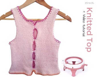 Easy Knitted Tank top PDF pattern for Beginners using Sentro 48 knitting machine or Addi King for summer women's vest tutorial