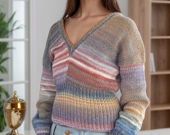 Easy Sentro 48 knitting machine V-neck Sweater PDF pattern using circular knitting machine - Winter Jumper tutorial for women Y2K Pullover