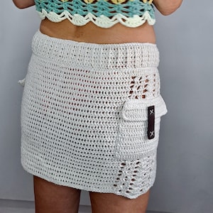Crochet Cargo Skirt PDF Pattern with Pockets for Women - Easy beginner Boho Low waist Summer handmade organic cotton yarn skirt tutorial
