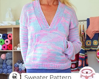 Casual Knit Sweater PDF pattern with V-neck design for Sentro 48 knitting machine - Easy knit cozy Jumper Pullover tutorial for Addi king 46