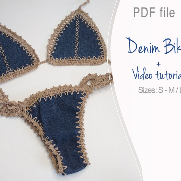Up cycled Denim crochet bikini set with hidden elastic pattern
