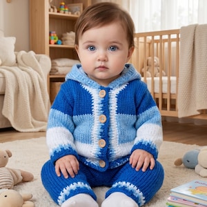 May include: A baby wearing a blue and white knitted hooded cardigan and matching pants. The outfit has wooden buttons and is made of a soft, textured yarn. The baby is sitting on a white rug.