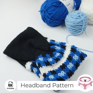 May include: A blue, white, and black headband knitting pattern with a PDF icon and the text "Headband Pattern". The image also shows three balls of yarn in blue and white and a pink loom.