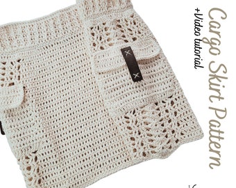 Crochet Cargo Skirt PDF Pattern with Pockets for Women - Easy beginner Boho Low waist Summer handmade organic cotton yarn skirt tutorial