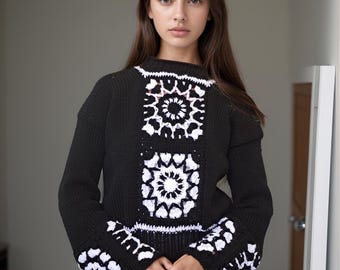 Knit Black Sweater Circular knitting Machine Pattern with crochet granny squares - Sentro 48 or ADDI king machine knit crochet design!