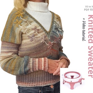 V-neck Knitted Sweater PDF pattern using Sentro 48 knitting machine or Addi Express - Easy winter Jumper tutorial for women Y2K Knit top