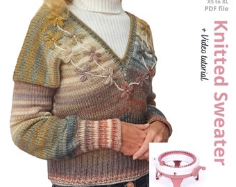 V-neck Knitted Sweater PDF pattern using Sentro 48 knitting machine or Addi Express - Easy winter Jumper tutorial for women Y2K Knit top