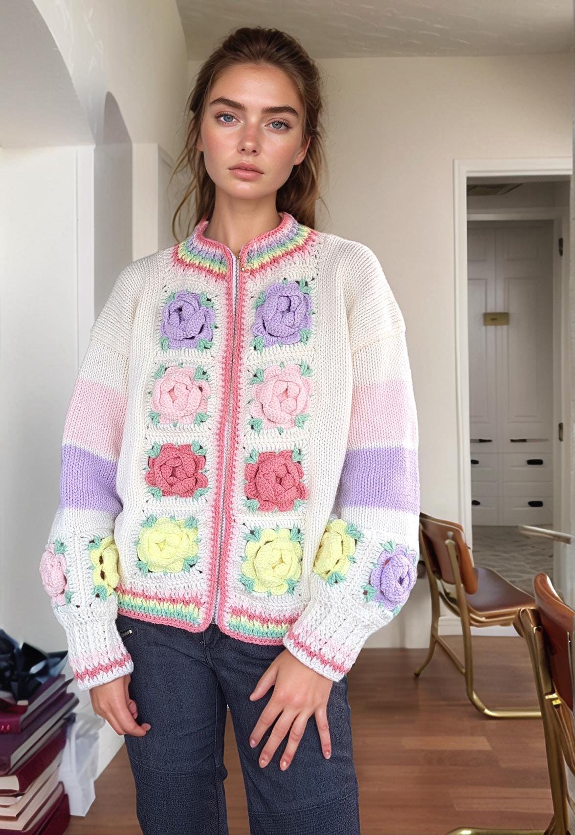 39 Crochet Jacket Patterns with Cardigans, Vests, and Hooded Styles 7 Crochet and knitting 3D Rose Jacket pattern for Sentro or