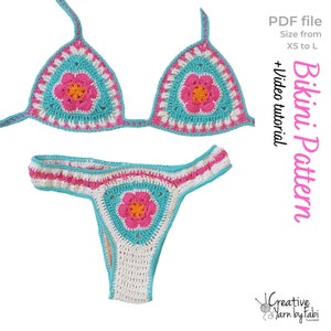 Crochet Bikini PDF Pattern with African Flower granny square - How to make Crochet swimwear thong bathing suit