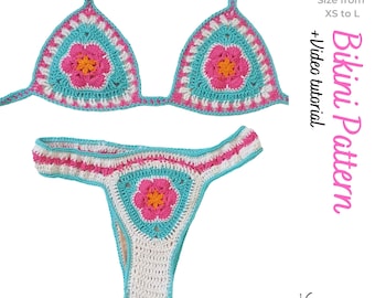 Crochet Bikini PDF Pattern with African Flower granny square - How to make Crochet swimwear thong bathing suit