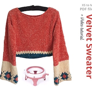 Easy Knitted Sweater PDF pattern with granny squares for women in Velvet Yarn -  Sentro 48 or Addi Express tutorial for beginners!