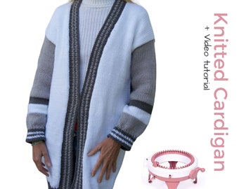 Long cardigan knitting PDF pattern for Sentro or ADDI knitting machine! Long winter V neck cardi for women