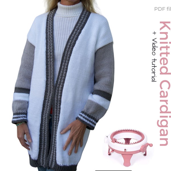 ¡Patrón PDF para tejer cardigan largo para máquina de tejer Sentro o ADDI! Cárdigan largo de invierno con cuello en V para mujer.