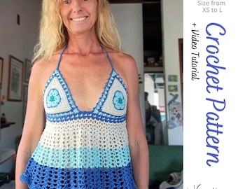 Crochet Beach Lace Top PDF pattern - Festival lace crochet top for women tutorial - Easy crochet wrap boho top with granny squares