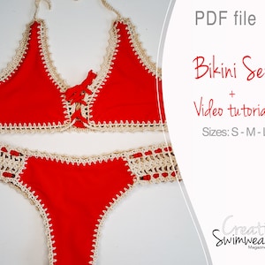 May include: A red crochet bikini set with a white crochet trim. The top has a tie in the front and the bottom is a high-waisted style. The image includes the text "PDF file Bikini Set + Video tutorial Sizes: S-M-L Creative Swimwear Magazine".